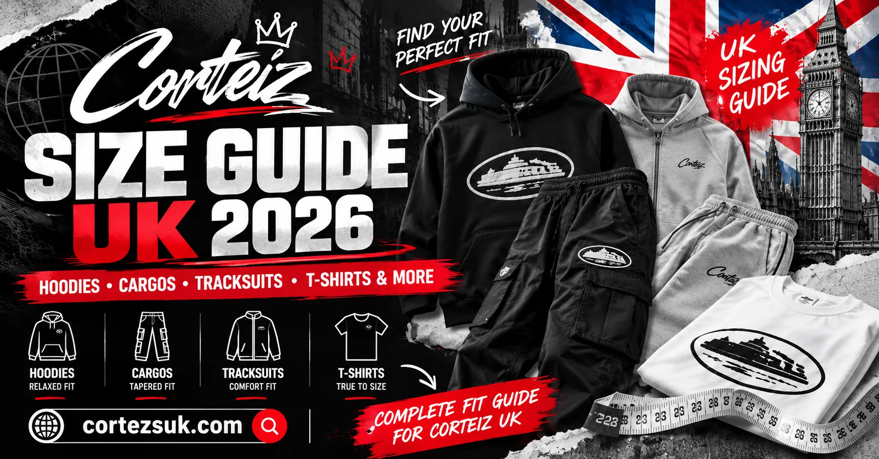 Corteiz size guide UK 2026 - hoodies, cargos, tracksuits and t-shirts size guide banner